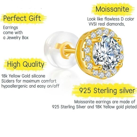 Moissanite Stud Earrings 18k Gold Vermeil Lab Created Diamond Women Earrings * - Picture 3 of 3